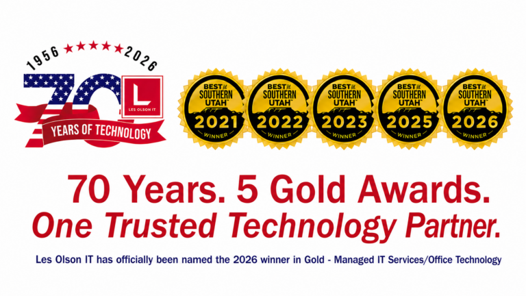 Les Olson IT promotional banner celebrating 70 years of technology service (1956–2026) and five Best of Southern Utah Gold Awards (2021, 2022, 2023, 2025, and 2026). The banner features a patriotic 70th anniversary logo, five gold award badges, and the headline: “70 Years. 5 Gold Awards. One Trusted Technology Partner.” A caption states that Les Olson IT was named the 2026 Gold winner for Managed IT Services/Office Technology.