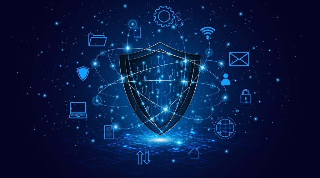 Glowing blue cybersecurity shield surrounded by digital icons representing data protection, network security, cloud technology, and online privacy.
