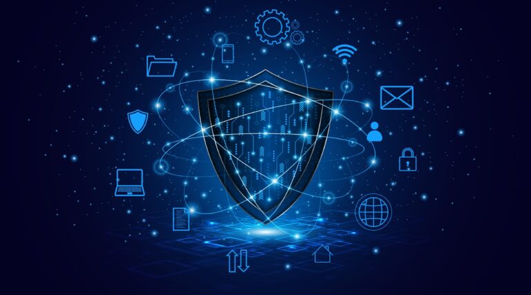 Glowing blue cybersecurity shield surrounded by digital icons representing data protection, network security, cloud technology, and online privacy.