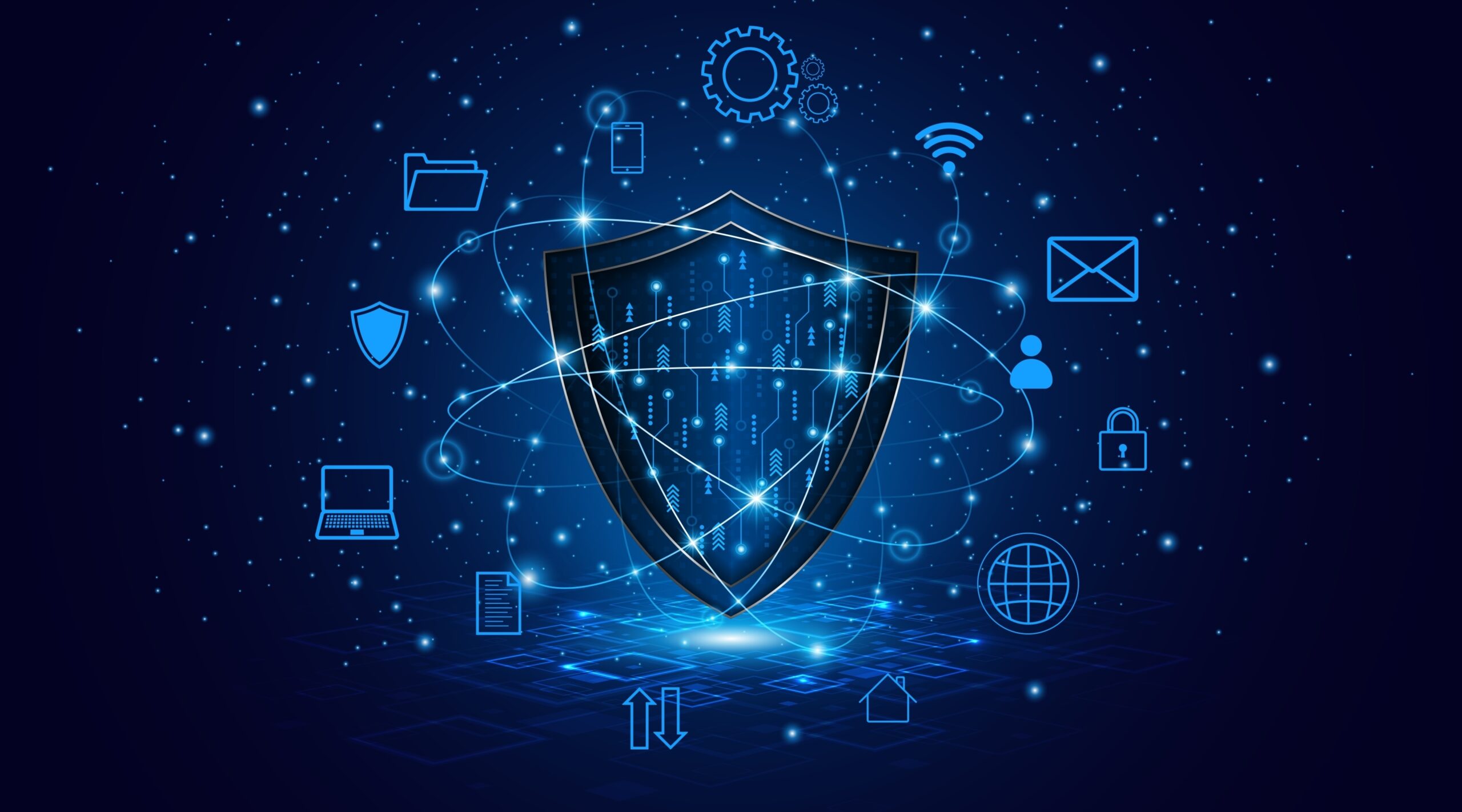 Glowing blue cybersecurity shield surrounded by digital icons representing data protection, network security, cloud technology, and online privacy.